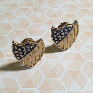 Vintage Gold Tone Shield Clip On Earrings Blue Enamel Stars Stripes Patriotic